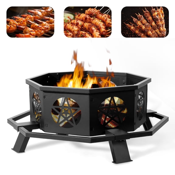 Ktaxon 43 in Octagonal Fire Pit with Foot Pedals & Star Cutouts, Wood Burning, Portable, Black