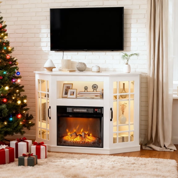 Ktaxon 43-inches Fireplace TV Stand, Modern Corner Entertainment Center with 18in Electric Fireplace, 2 Door Storage and Open Shelf, White