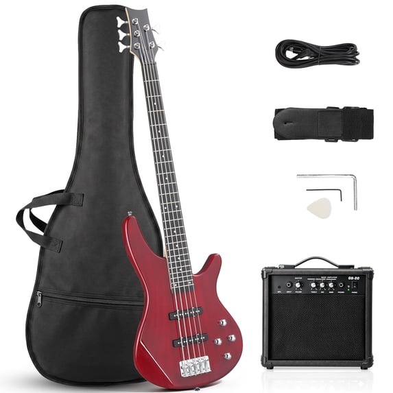 Ktaxon 44in 5 String Bass Guitar Kit, S-S Pickups, with 20W Amp & Full Accessories, Red