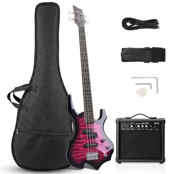 Ktaxon 44in Electric Bass Guitar with 20W Amp, 4 String Flame Style Bass Guitar Starter Kit, Pink