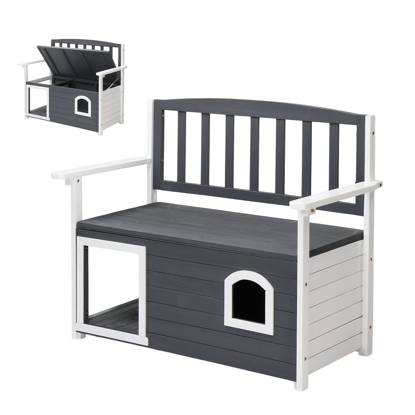 Ktaxon, Wooden Outdoor Storage Bench with Dog House, Gray - Walmart.com