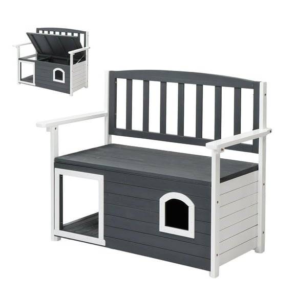 Ktaxon 44in Wooden Outdoor Storage Bench with Dog House, 2-in-1 Patio Seat for Backyard, Gray & White