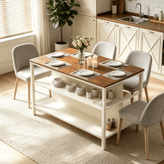 Ktaxon 45" Rustic Solid Wood Dining Table, Rubber Wood Kitchen Island Prep Table with Storage Open Shelves, Kitchen Table for Small Space, Home, Apartment, Walnut & Cream White