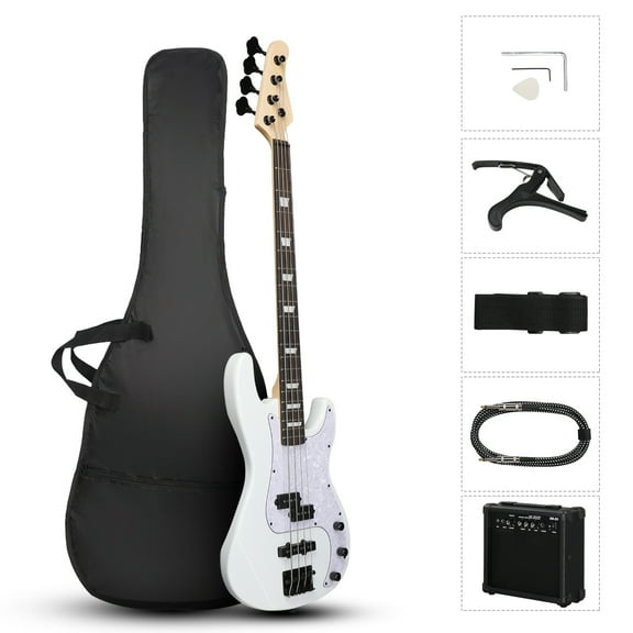 Ktaxon 46in Full-Size Electric Bass Guitar Kit with 20W Amp, Bag for Beginners and Musicians, White