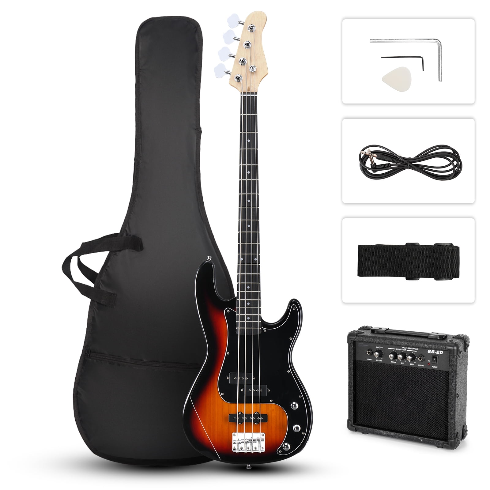 Ktaxon 46in Full-Size Electric Bass Guitar with 20W Amp Kit, for Beginners & Musicians, Brown