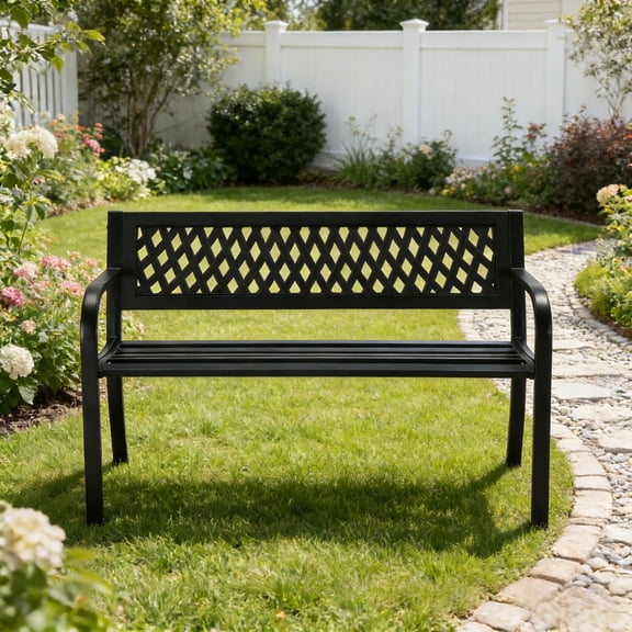 Ktaxon 47 in Outdoor Garden Bench, Iron Frame, Patio Seat, Black, Steel Bench with PVC Backrest