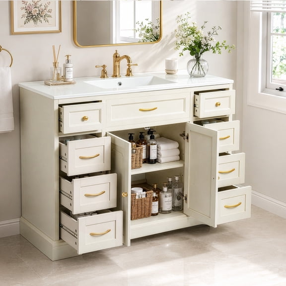 Ktaxon 48 Inch Bathroom Vanity Set with Sink, Freestanding Bathroom Storage Cabinet with 8 Drawers, Off-White (Split Three Packages for Delivery)
