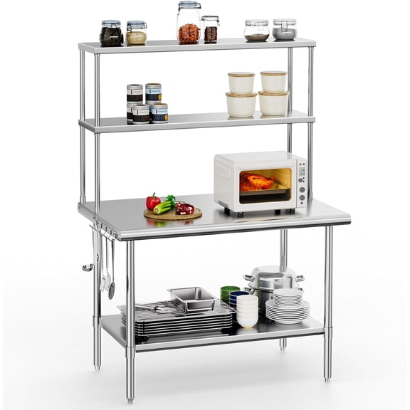 Ktaxon 48" x 30" Stainless Steel Workbench with Overshelves, NSF Commercial Heavy Duty Work Table with Adjustable Undershelf & Detachable Hooks