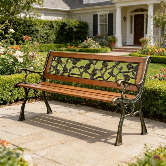 Ktaxon 49" Patio Furniture Rose Style Park Hardwood Bench Bronze, Wooden Bench, Outdoor Bench for Garden, Entrance, Lawn, Park