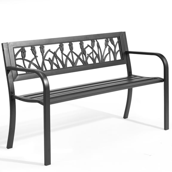 Ktaxon 49in Garden Bench with Tulip, Black Wrought Iron Outdoor Patio Bench for Lawn, Back