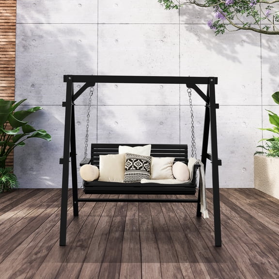 Ktaxon 4FT Porch Swing Stand, Black Wooden A-Frame with 600lb Capacity for Outdoor Swings