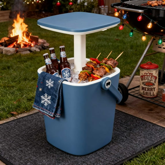 Ktaxon 4Gallon Outdoor Cooler Table, Protable Ice Bucket Side Table with Handle, Bottle Opener and Lift Top Lid, Ice Cool Bar End Table for Camping, Beach, Picnic, Party, Pool (Blue)