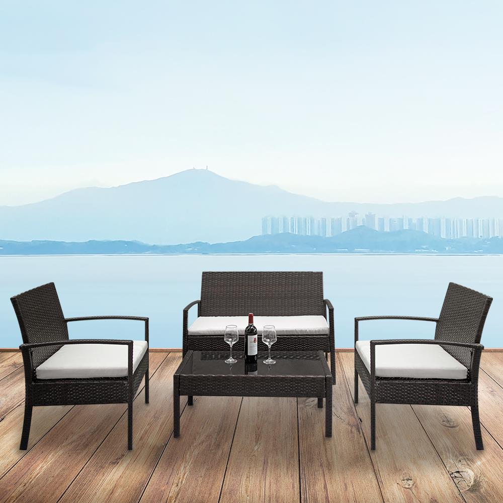 Ktaxon 4PCS Wicker Conversation Set, Wicker Bistro Set for Patio Furniture Set with Glass Table Top, Outdoor Furniture Set, Cozy Seat Cusshion, Brown - image 1 of 7