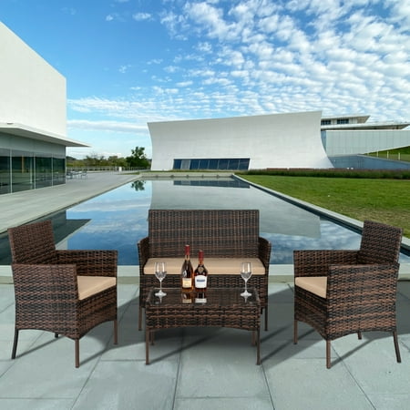 Ktaxon 4PCs Outdoor Wicker Conversation Set, Loveseat Tempered Glass Coffee Table Rattan Sofa Set Brown Gradient
