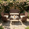 thumbnail image 1 of Ktaxon 4 Piece PE Rattan Wicker Outdoor Patio Conversation Set with Glass Coffee Table and Beige Cushions, Brown Gradient, 1 of 12