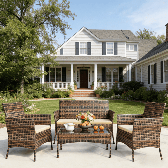 Ktaxon 4PCs Outdoor Wicker Conversation Set, Patio Furniture Set Loveseat Tempered Glass Coffee Table Outdoor All Weather Rattan Sofa Set, Brown Gradient