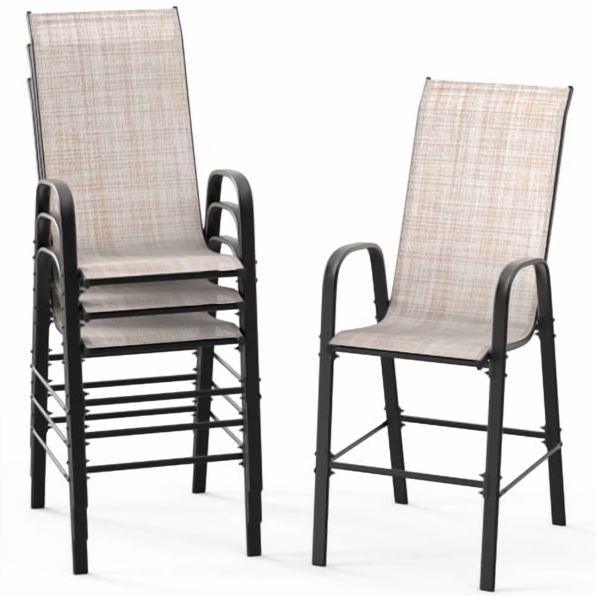 Ktaxon 4Pcs High Patio Outdoor Dining Chairs, Textilene Stackable Armrest Chairs Space Saving for Backyard Porch Garden - Khaki