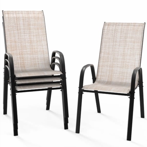 Ktaxon 4Pcs Patio Outdoor Dining Chairs, Textilene Stackable Armrest Chairs Space Saving for Backyard Porch Garden - Khaki