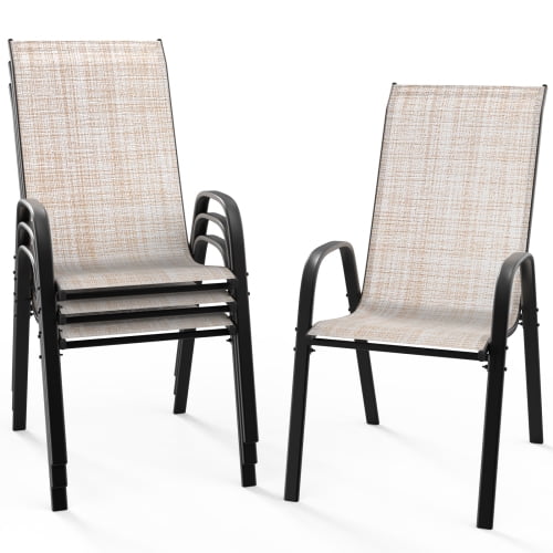 Ktaxon 4Pcs Patio Outdoor Dining Chairs, Textilene Stackable Armrest Chairs Space Saving for Backyard Porch Garden - Khaki