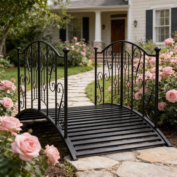 Ktaxon 4ft Wrought Iron Arched Bridge Railing with Square Top for Garden Yard, Black