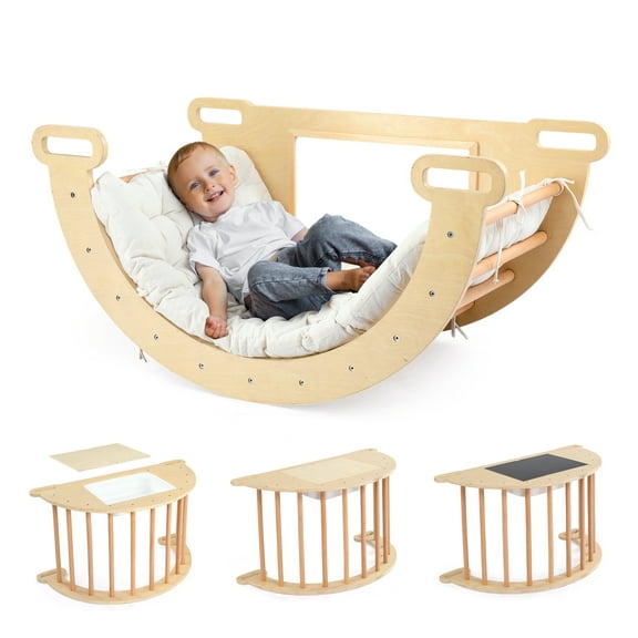 Ktaxon 5 in 1 Pikler Triangle Set with Cushion, Montessori Toddlers Wooden Climbing Toys Set Sensory Table Rocker Climber, Indoor Climbing Toys for Toddlers 1-3, with Collapsible Storage Basin