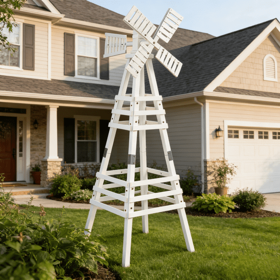 Ktaxon 5.7FT Wood Windmill Weathervane for Garden, Backyard, Patio – Rotating Wind-Powered Outdoor Decor, White