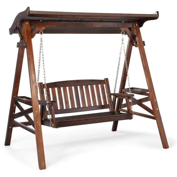 Ktaxon 5.8ft Porch Swing with Canopy, Waterproof Patio Swing with Cup Holder, Outdoor Swing Set for Garden, Yard, Patio, Rustic