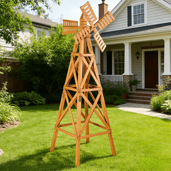 Ktaxon 6ft Tall Wooden Windmill Cross Stitch Design 2-Tier Large Outdoor 73x69.5x181.5cm, Teak Brown