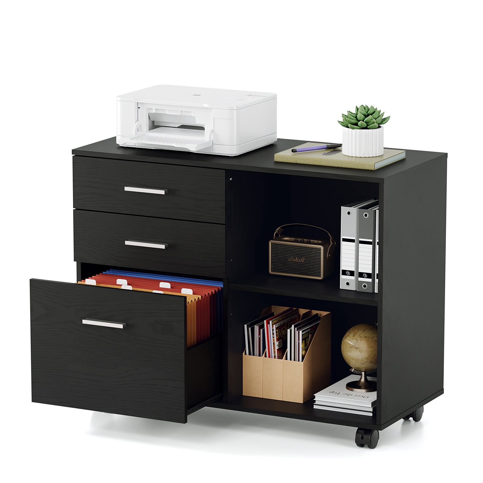 Ktaxon File Cabinet with Open Shelf, Wood Rolling File Cabinet with Open Shelves,Legal & Letter Size Black