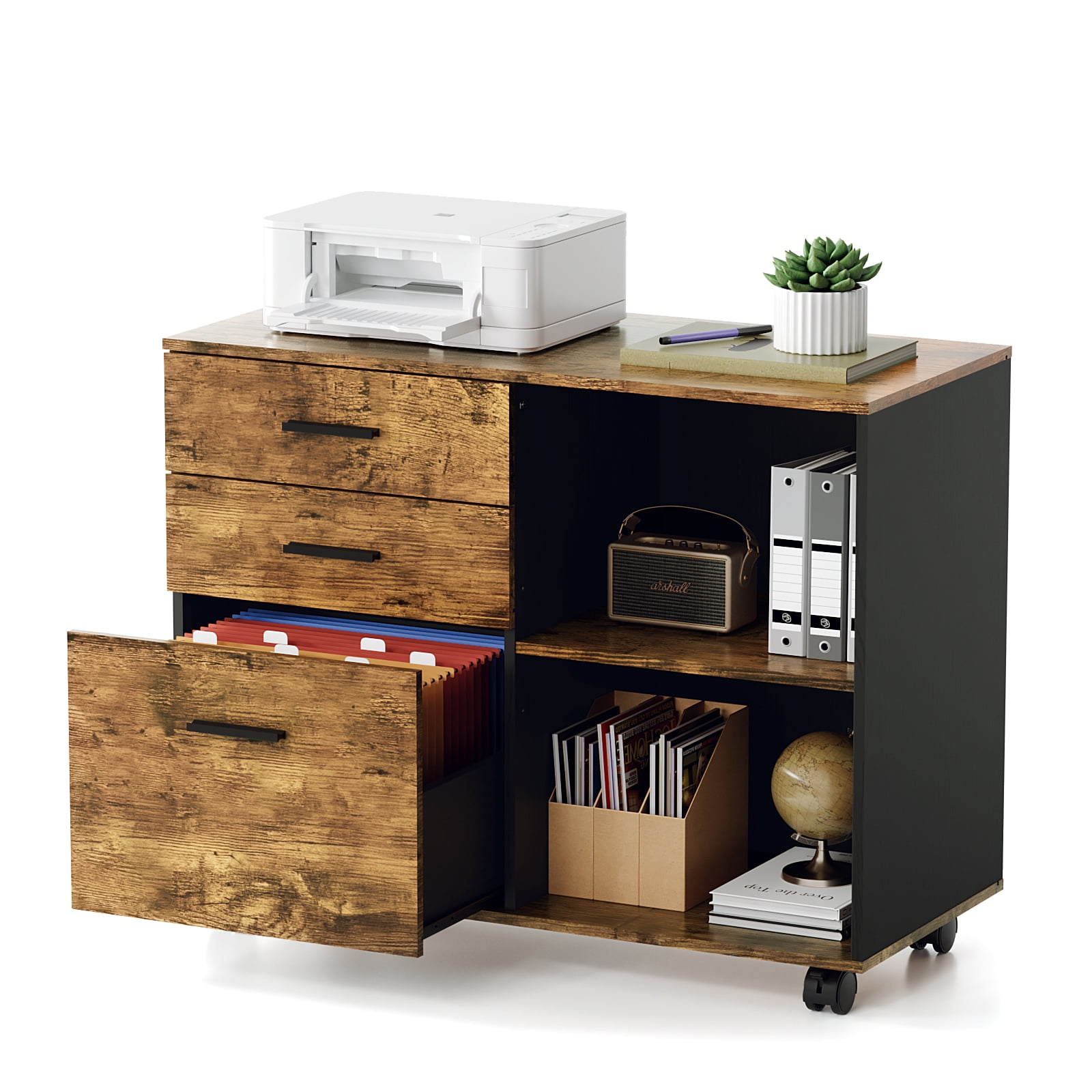 Ktaxon 3 Drawer File Cabinet with Open Shelf, Wood Rolling File Cabinet with Open Shelves,Legal & Letter Size, Brown
