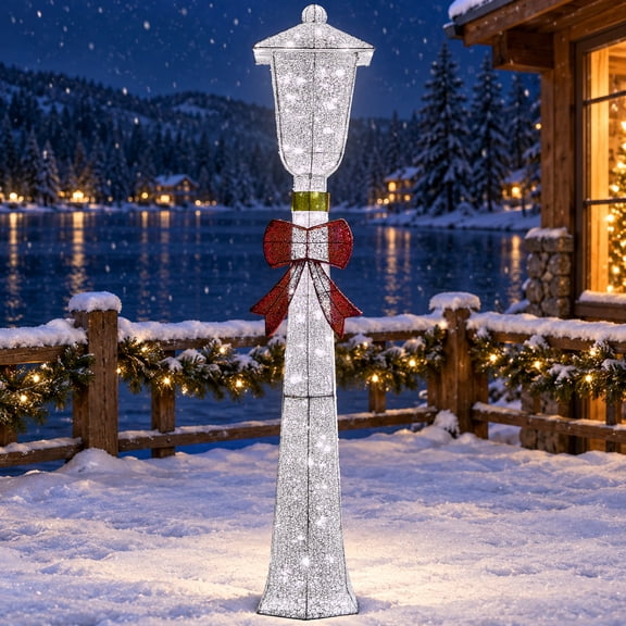 Ktaxon 5 FT Christmas Outdoor Decoration Lighted Street Lamp with 110 Warm White Lamp Post Yard Holiday Decoration,Silver