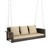 Ktaxon 5 FT Porch Wicker Swing, 3 Seats Rattan Hanging Swing for Patio Garden, Yard with thick Cushion
