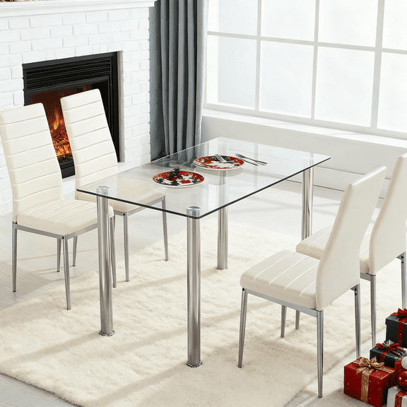 Ktaxon Glass Dining Table Set for 4, Kitchen Table Set & 4 PU Padded Chairs, Dining Room Set for Dinner, White