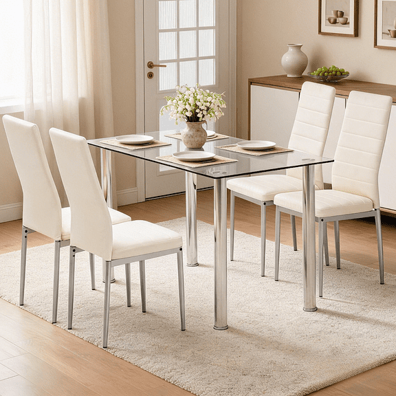 Ktaxon Modern Dining Table Set for 4, Glass Kitchen Table Set & 4 PU Padded Upholstered Highback Chairs, Dining Room Set for Family Dinners, Breakfast, White