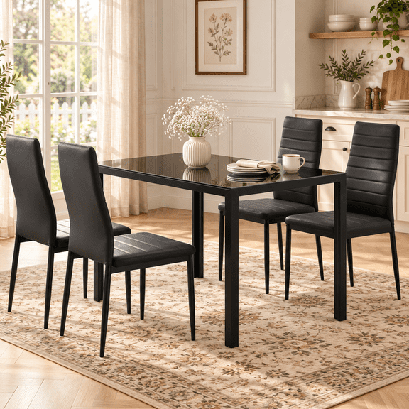 Ktaxon Modern Dining Table and Chairs Set for 4, 5 Piece Dining Table Set with 4 Leather Chairs and Glass Dining Room Table for Breakfast Kitchen Furniture, Black