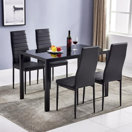 Ktaxon 5 Piece Dining Table Set with 4 Leather Chairs and Glass Dining Room Table for Breakfast Kitchen Furniture, Black