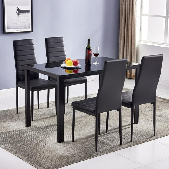Ktaxon 5 Piece Dining Table Set with 4 Leather Chairs and Glass Dining Room Table for Breakfast Kitchen Furniture, Black