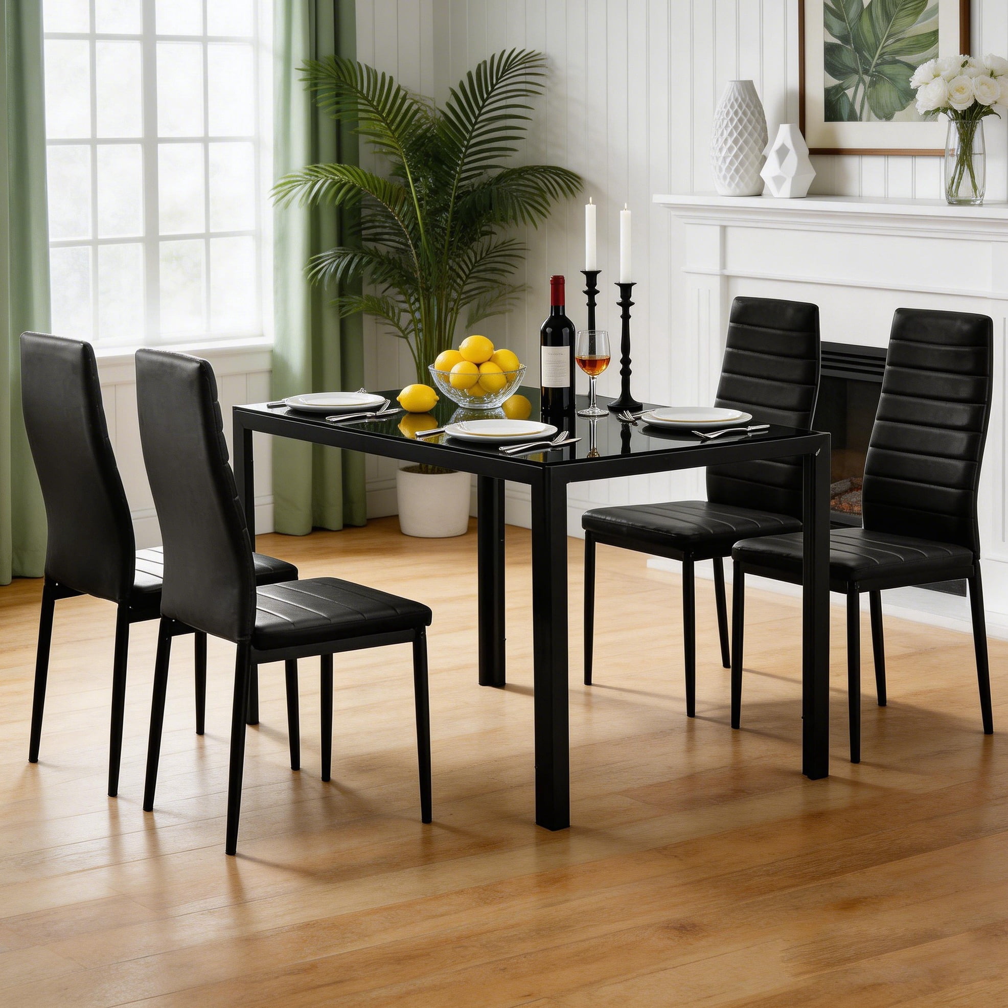 Ktaxon Modern Dining Table and Chairs Set for 4, 5 Piece Dining Table Set with 4 Leather Chairs and Glass Dining Room Table for Breakfast Kitchen Furniture, Black