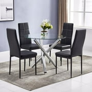 Ktaxon 5 Piece Round Dining Table Set, Modern Kitchen Table and Chairs for 4 Person Clear Tempered Glass Top