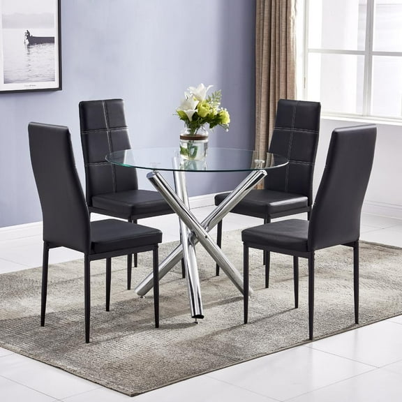 Ktaxon 5 Piece Round Dining Table Set, Modern Kitchen Table and Chairs for 4 Person Clear Tempered Glass Top