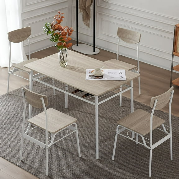 Ktaxon Modern Dining Table and Chair Set for 4, 5 Pieces Breakfast Diner Table Set with 4 Chairs and Storage Rack for Kitchen Dining Room, Oak White