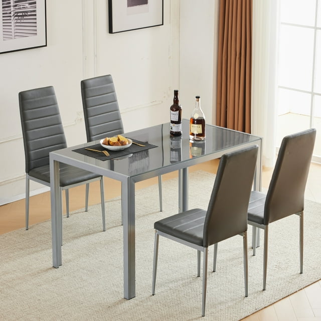 Ktaxon 5 Pieces Kitchen Table Set  Dining Table withTempered Glass Top and 4 Chairs Dinner Table for Dining Room Furniture Gray