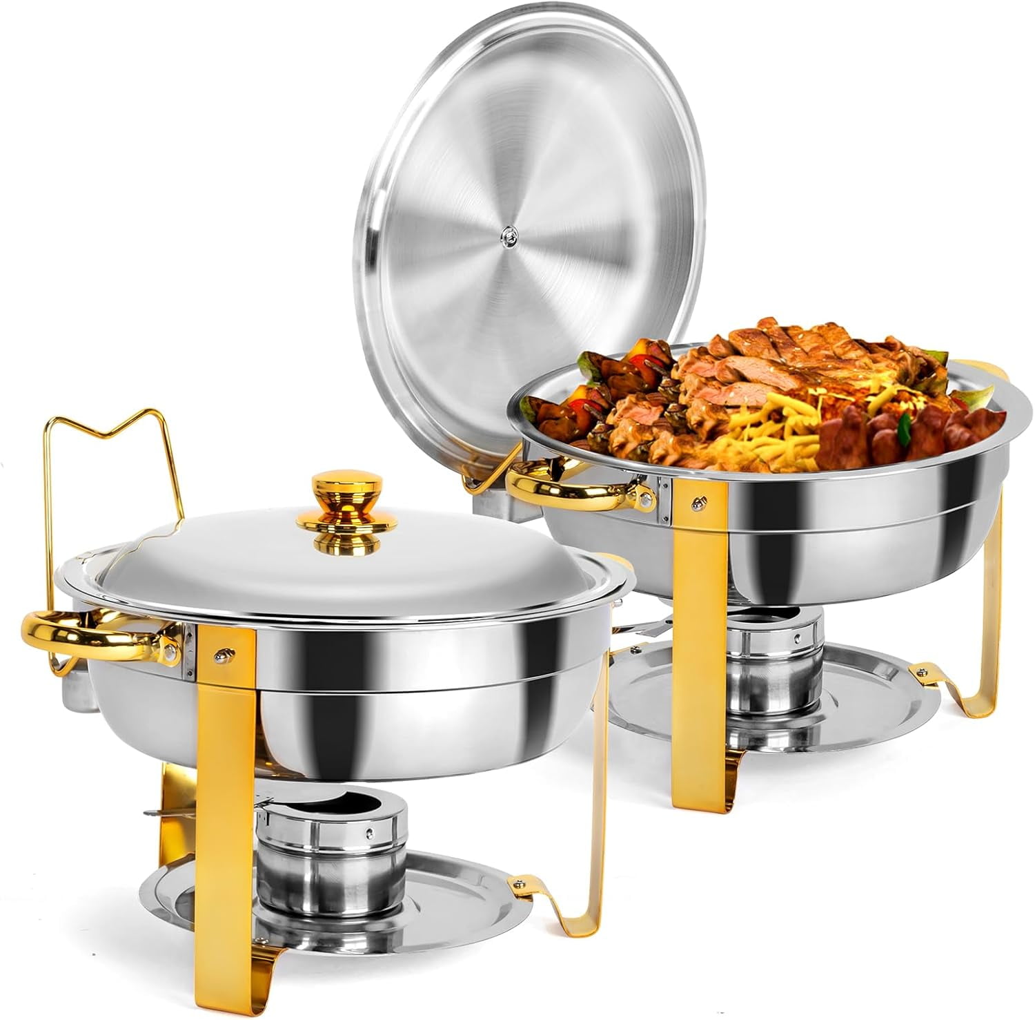 Gold Stainless Steel Round Chafing Dish Buffet Set with Glass Lid, 5QT, 2-Pack