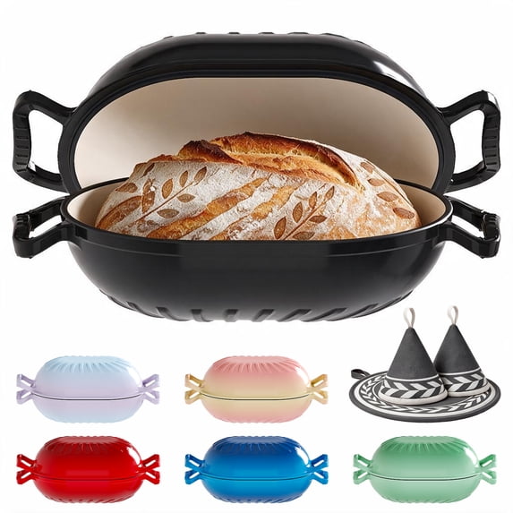 Ktaxon 5QT Enameled Cast Iron Dutch Oven with Upgraded Textured Handles, Candy-Shaped Sourdough Bread Baking Pot, Oven Safe to 500°F, Obsidian Black