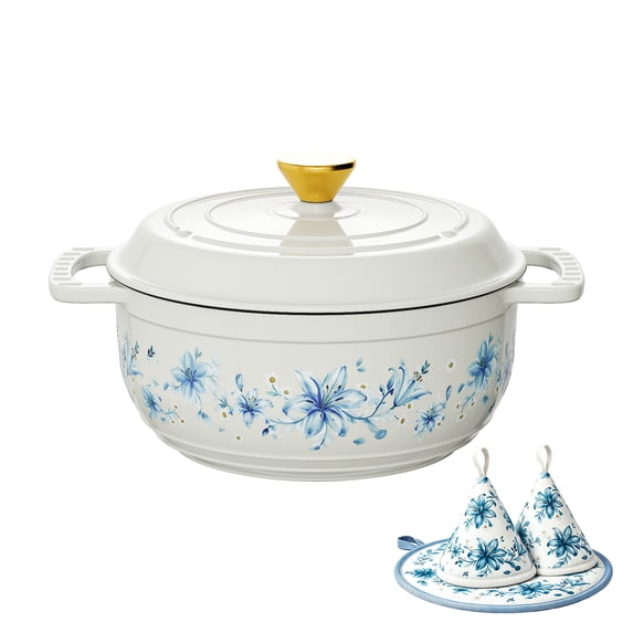 Ktaxon 5QT Enameled Cast Iron Dutch Oven with Upgraded Textured Handles, Floral Design, Induction & Oven Safe to 500°F