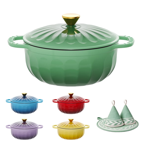 Ktaxon 5QT Enameled Cast Iron Dutch Oven with Upgraded Textured Handles, Petal-Shaped Design, Induction Compatible, Oven Safe to 500°F, Sage Green