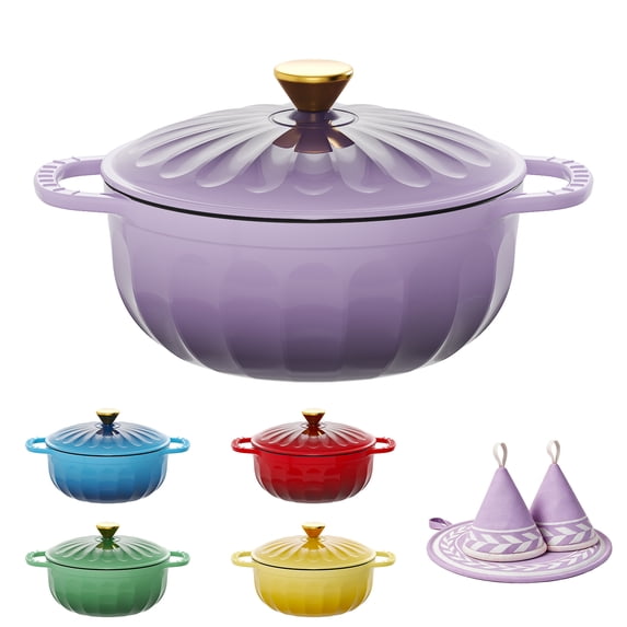 Ktaxon 5QT Enameled Cast Iron Dutch Oven with Upgraded Textured Handles, Petal-Shaped Design, Induction Compatible, Oven Safe to 500°F, Dusk Purple