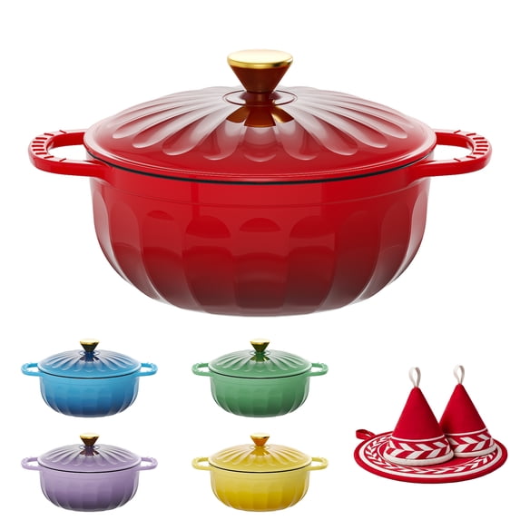 Ktaxon 5QT Enameled Cast Iron Dutch Oven with Upgraded Textured Handles, Petal-Shaped Design, Induction Compatible, Oven Safe to 500°F, Cherry Red