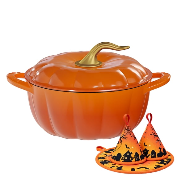 Ktaxon 5 Quart Pumpkin Enameled Cast Iron Dutch Oven with Upgraded Textured Handles, 500°F Oven Safe Pumpkin Pot w/ Potholder & Gloves, Halloween & Thanksgiving Gift