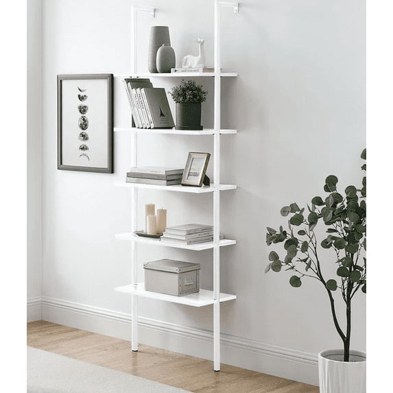 Ktaxon 5-Shelf Industrial Wood Ladder Bookcase with Metal Frame,White